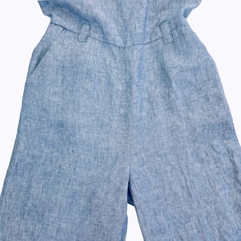St Tropez West Linen Chambray Jumpsuit Cropped Wide Leg Denim Blue Pockets Sz 2 - Picture 3 of 14